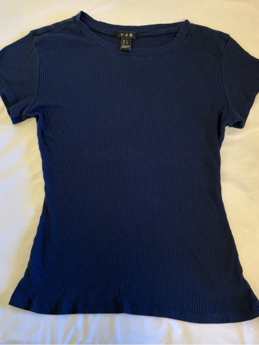 U2B Navy Blue Ribbed Crew Neck T-Shirt Women's Size Large Classic Staple Basic